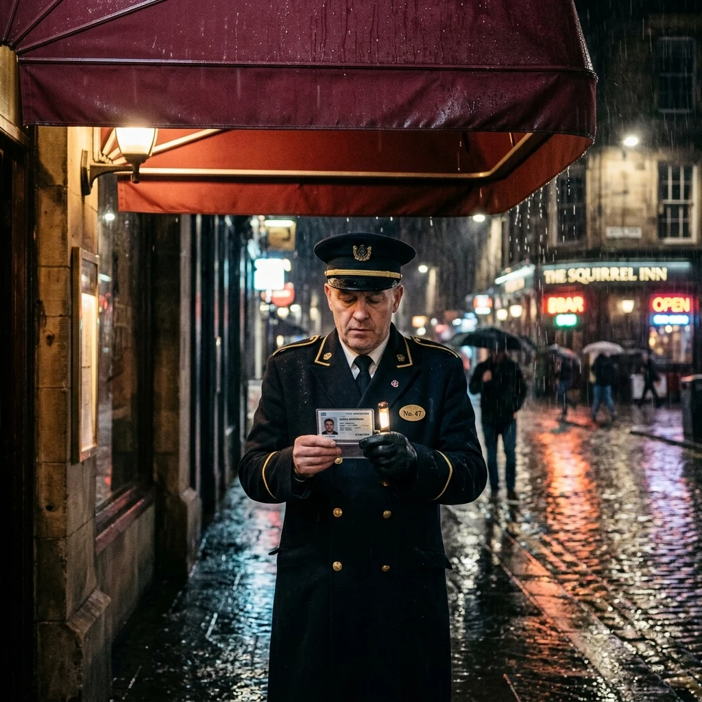 Doorman working on a rainy city street