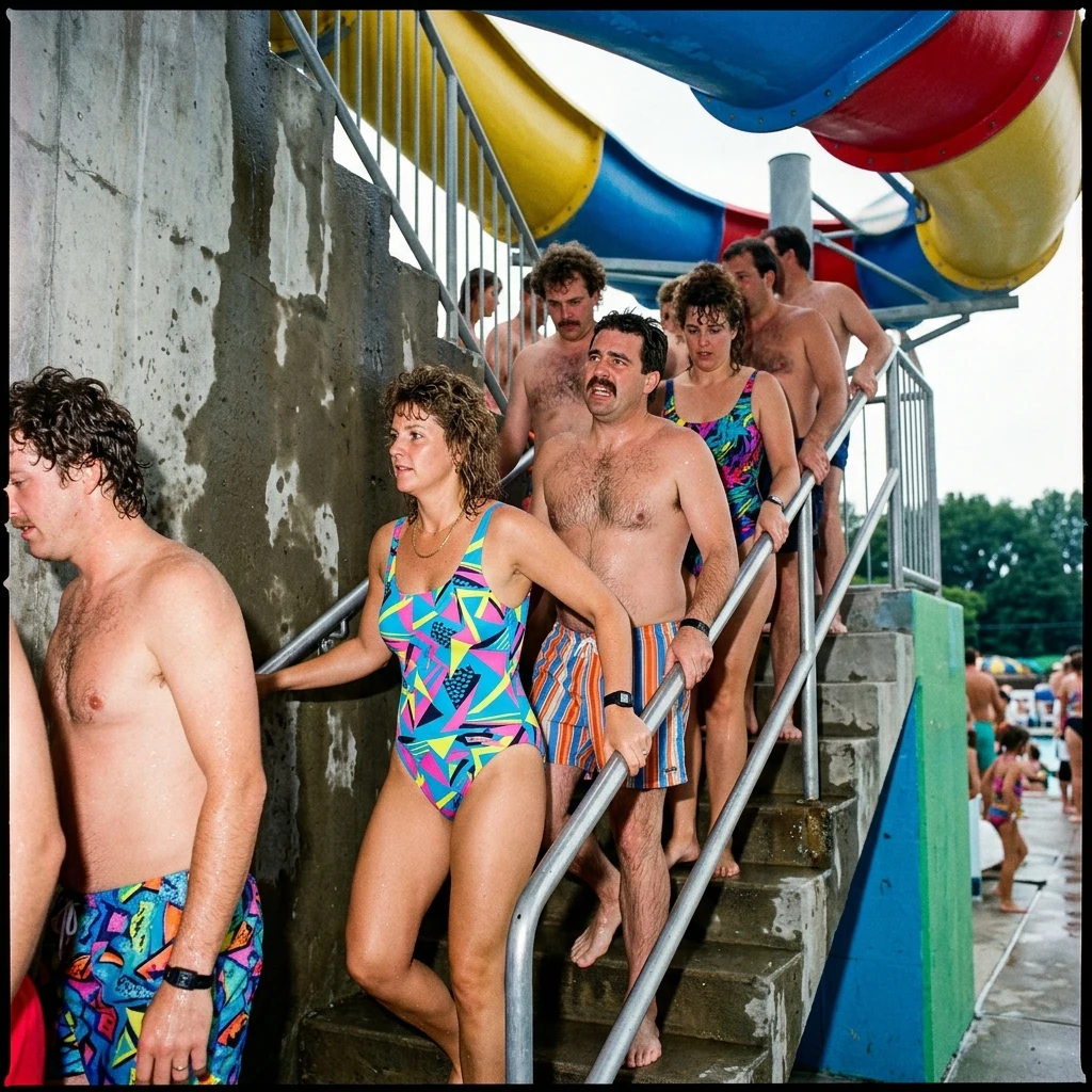 A 1980s municipal water park photographed on 35mm with direct flash
