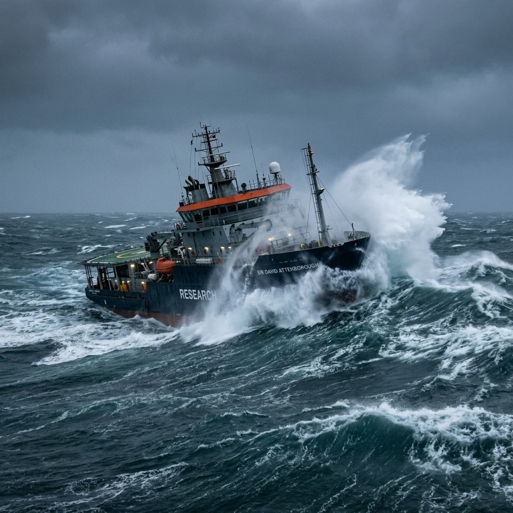 Research ship in stormy ocean waves