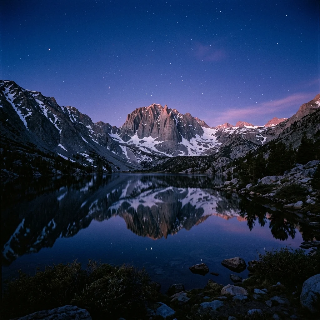 Reflections of Mount Whitney in a still alpine lake in the Sierra Nevada at blue hour