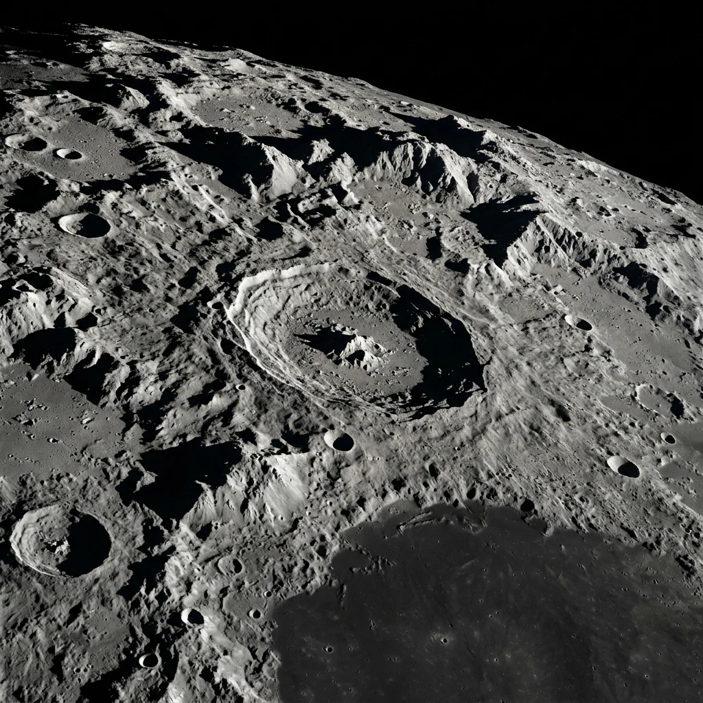Rugged lunar crater and mountain peaks