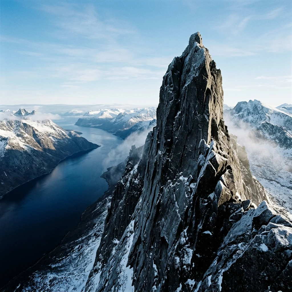 A frost-shattered horn peak of the Aethelgard Peaks in Southern Norway