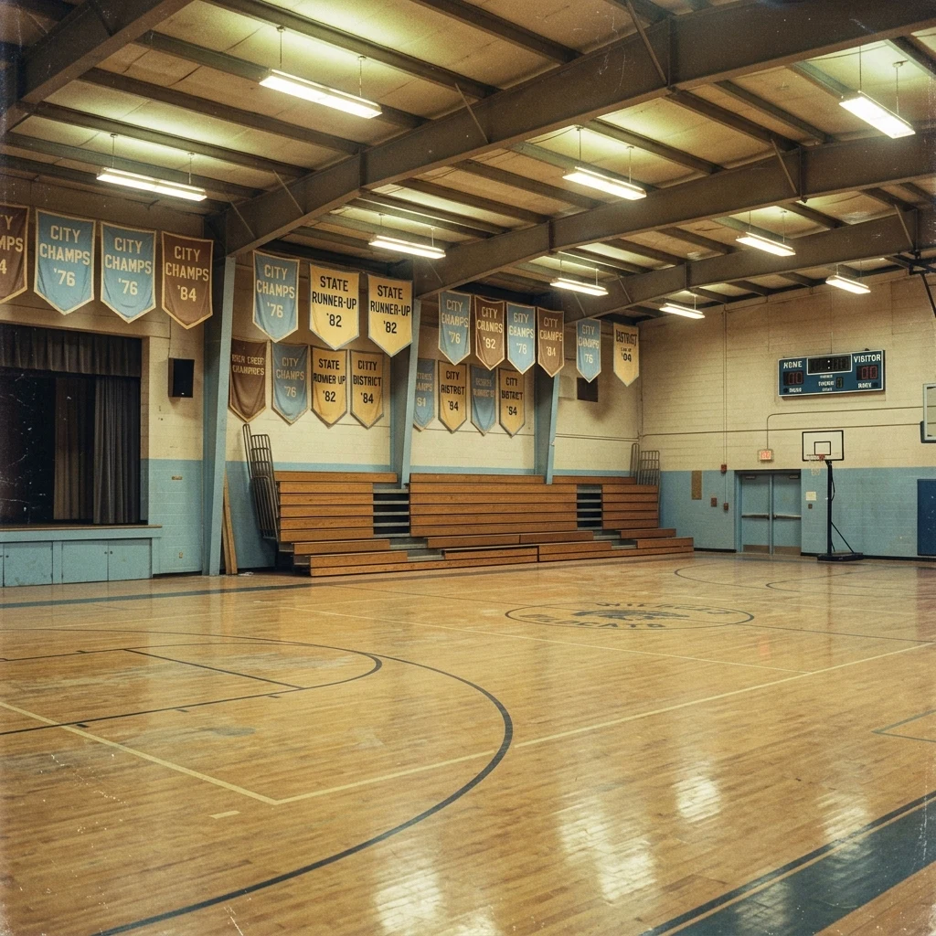 A faded 1980s yearbook photograph of an empty high school gymnasium