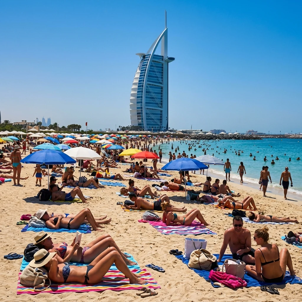 Sunny afternoon on a busy Mediterranean beach