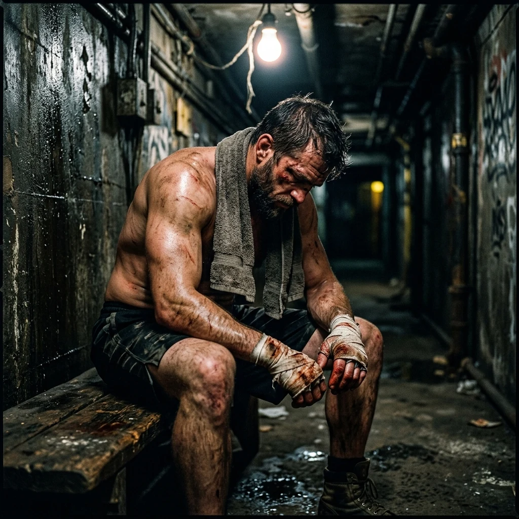 A pit fighter between rounds on a tunnel bench