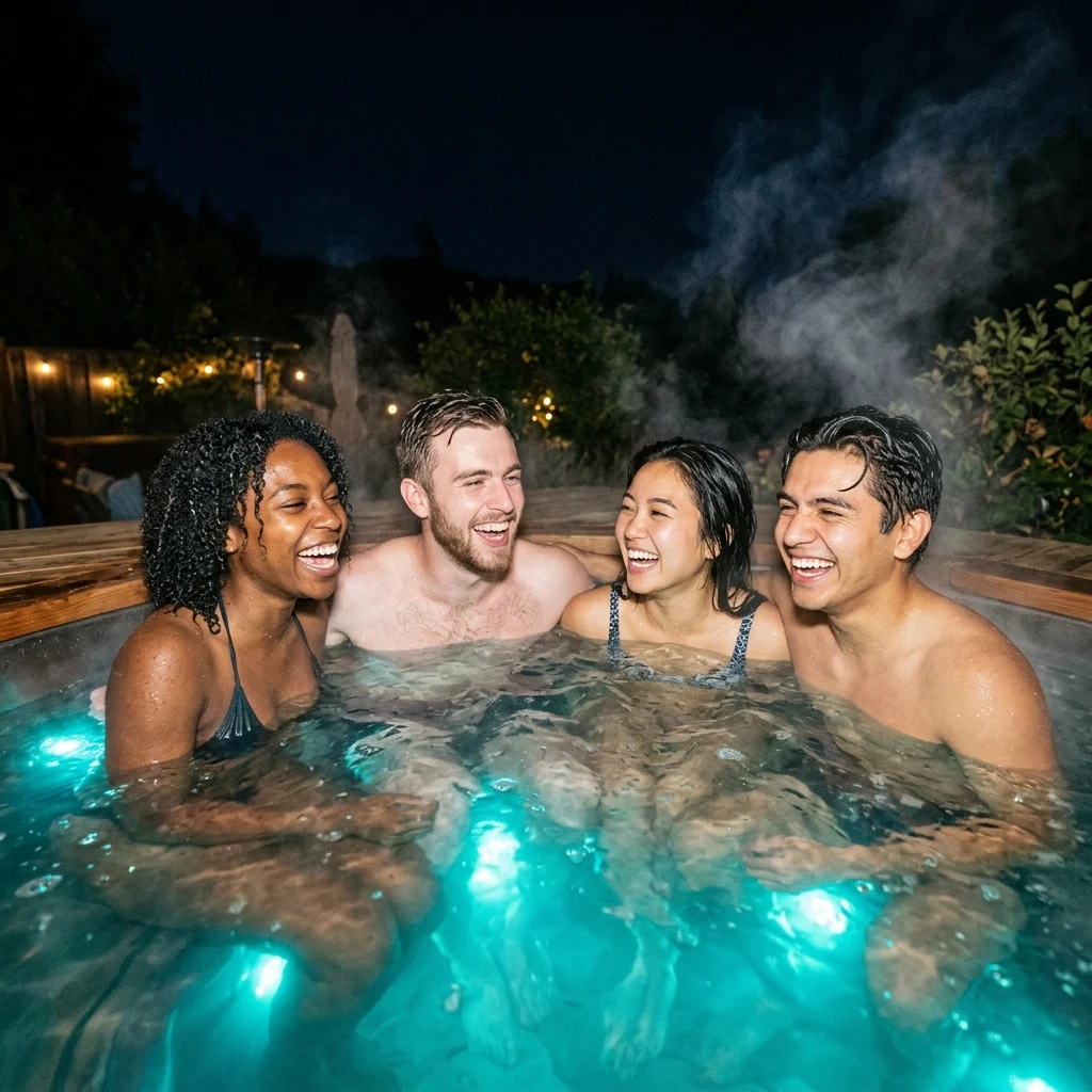 Friends relaxing in a glowing hot tub at night