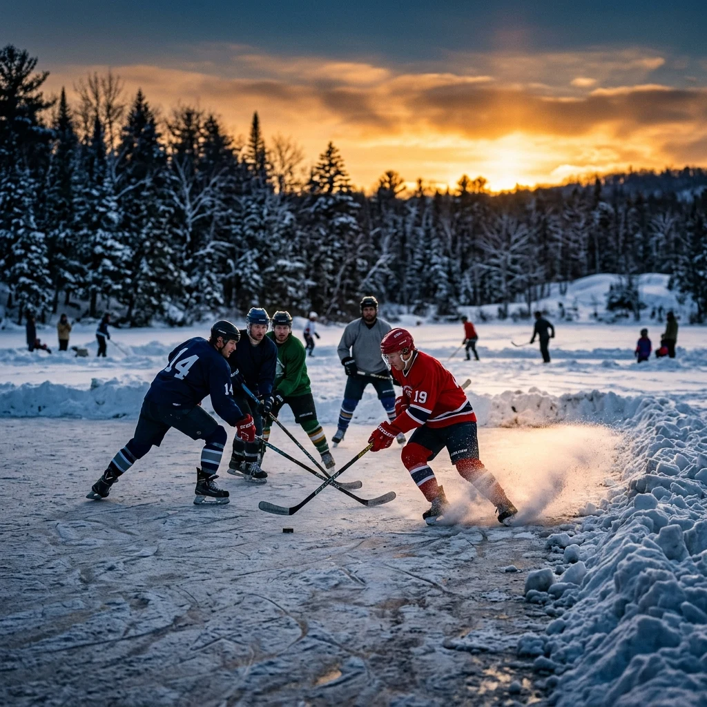 Hockey game on ice at sunset