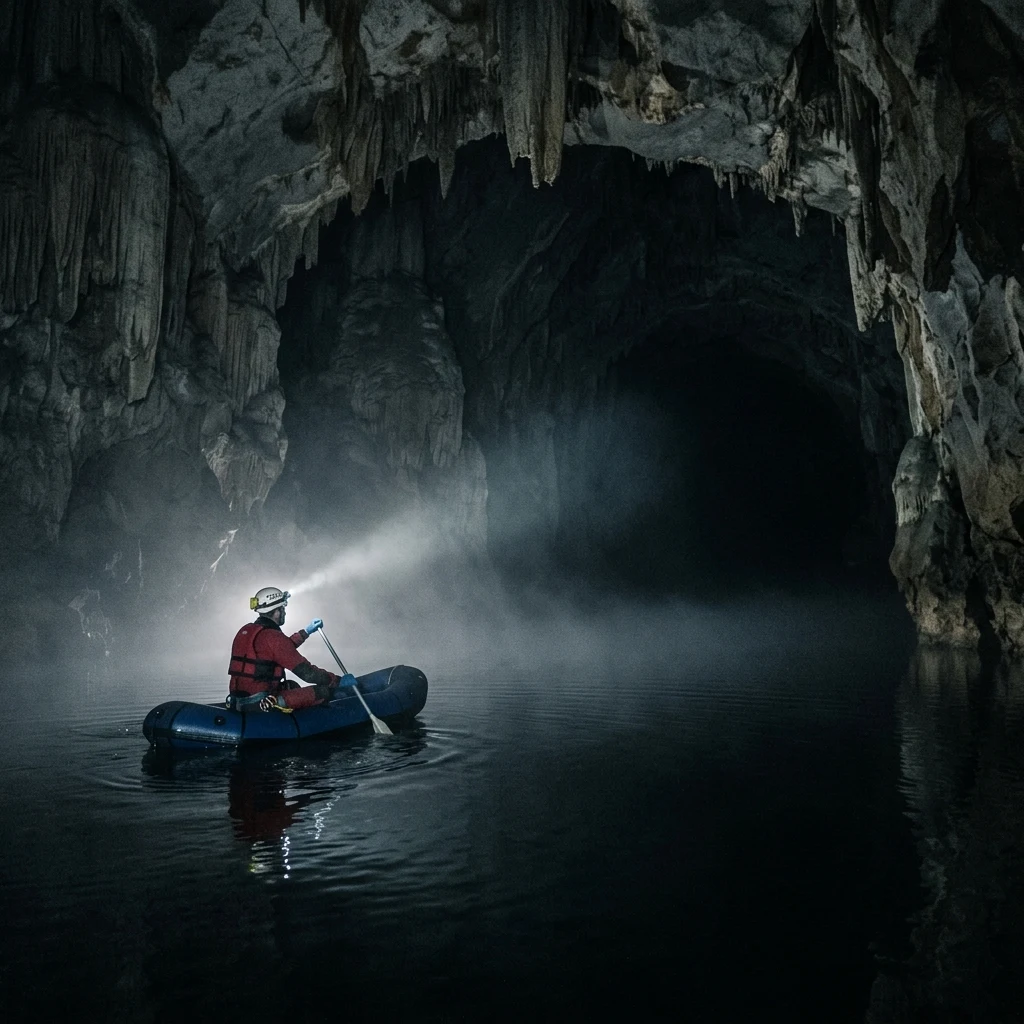 Explorer on an underground lake