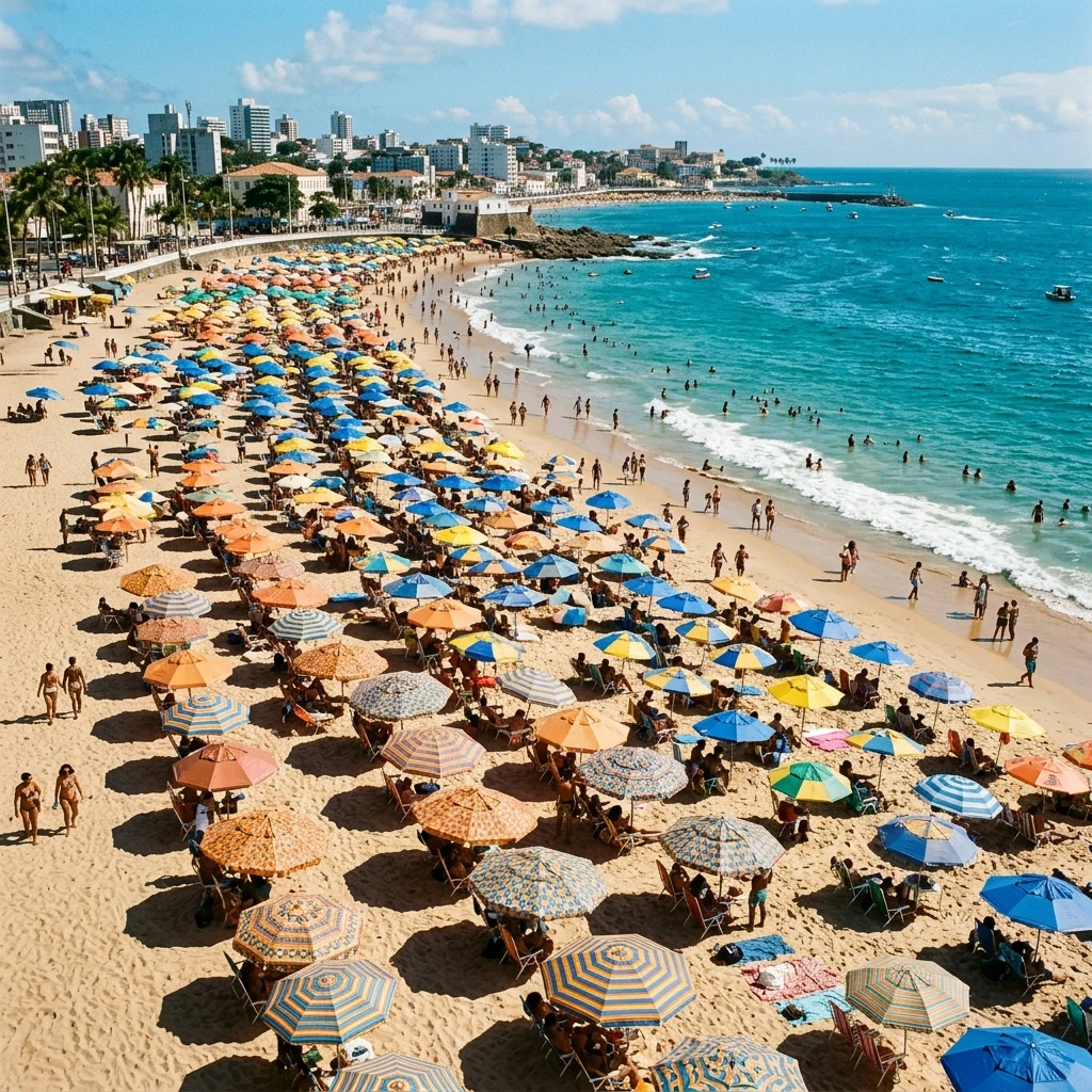 An overhead shot of beach umbrellas in Salvador da Bahia