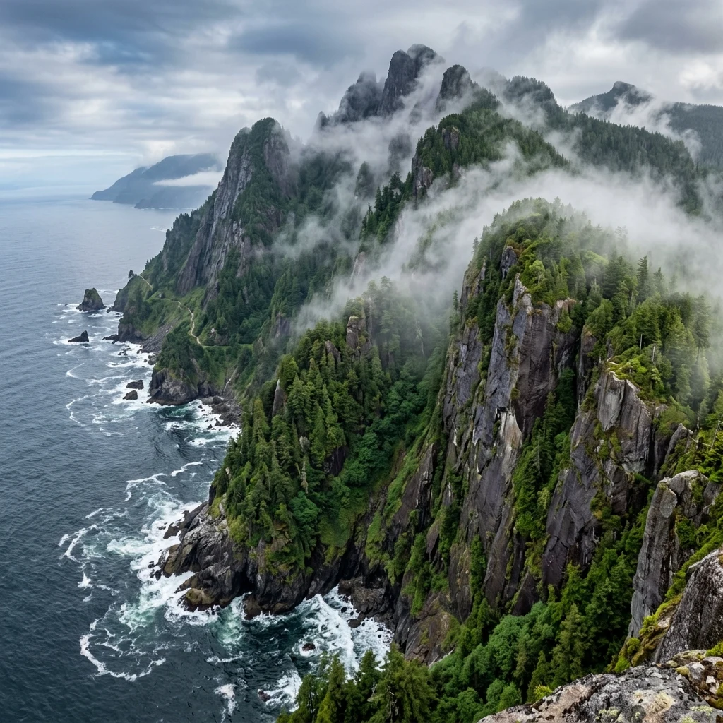 Mist over granite cliffs and ocean
