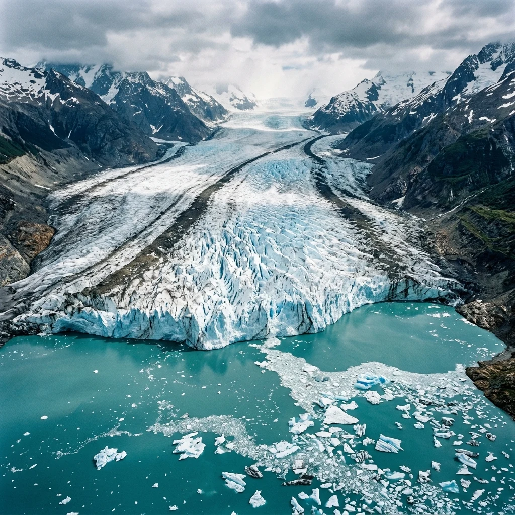 An aerial drone view of a dramatic glacier terminal snout pushing dark moraine debris…