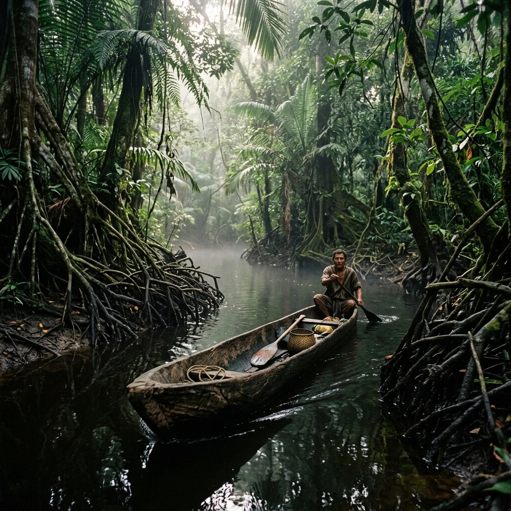 A wooden dugout canoe navigating a narrow