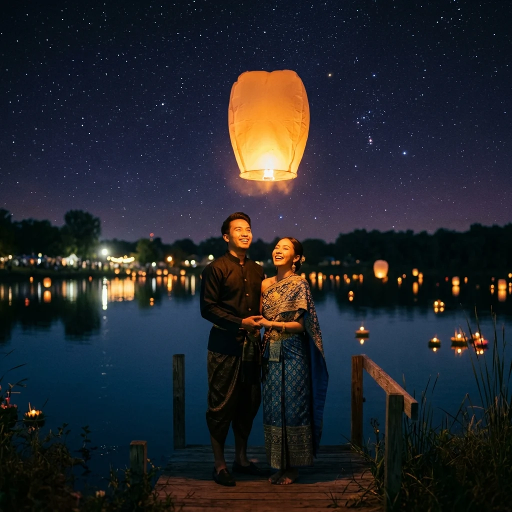 Glowing paper lantern floating on a dark lake