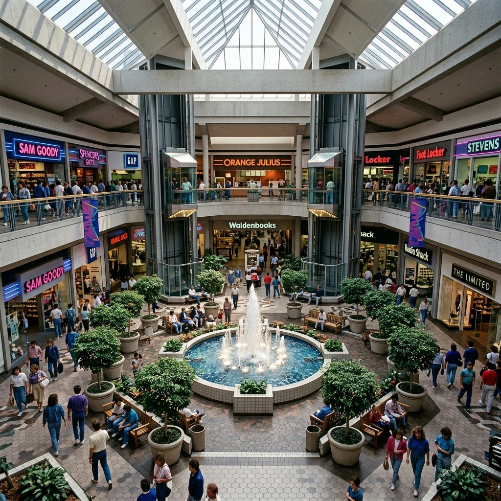 Vibrant shopping mall atrium at dusk