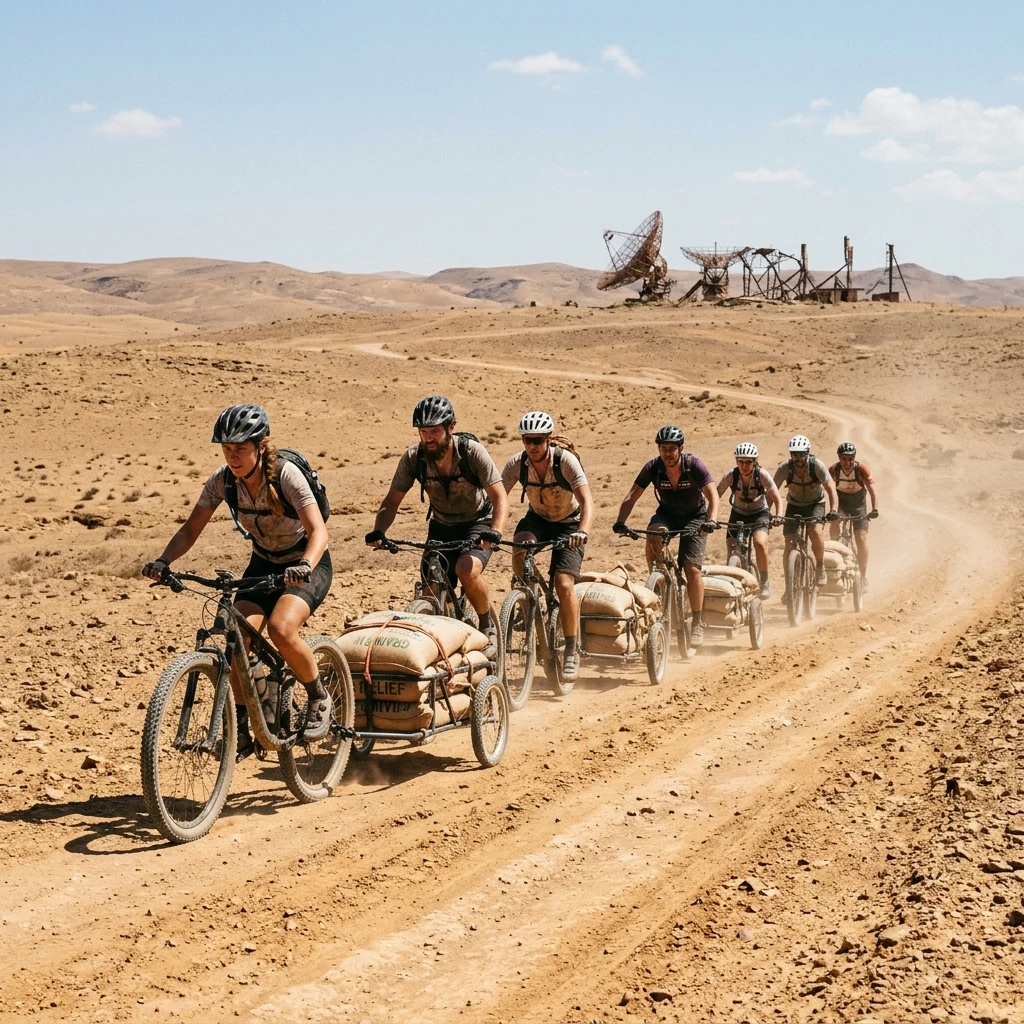 Cyclists traveling across a desert landscape