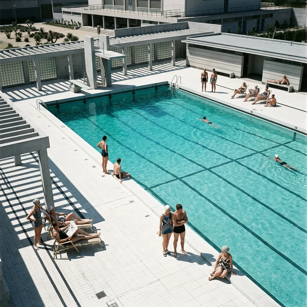 People relaxing by a modernist swimming pool