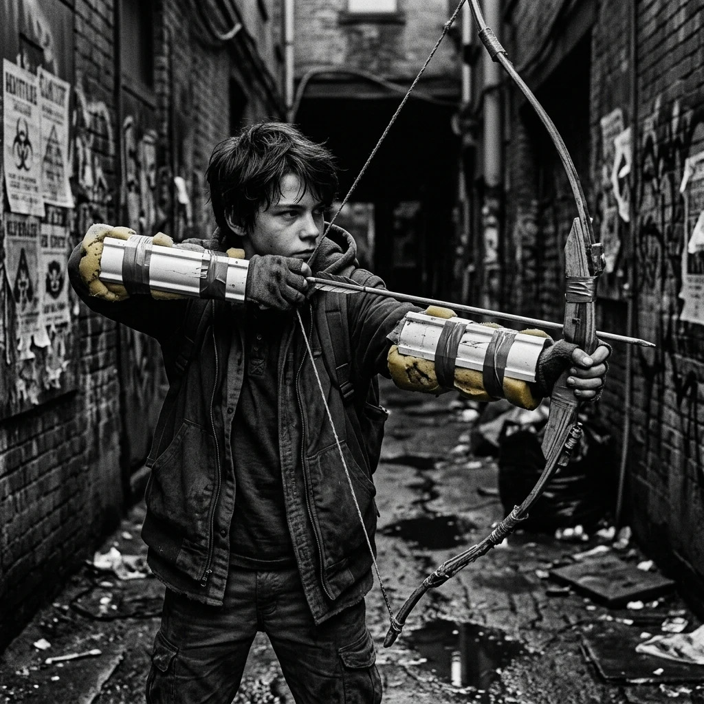 Survivor with a makeshift bow in a dark alley