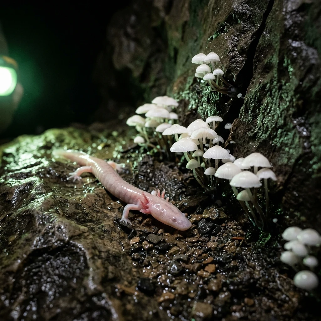 A subterranean river bank covered in rare blind cave fauna and white fungi