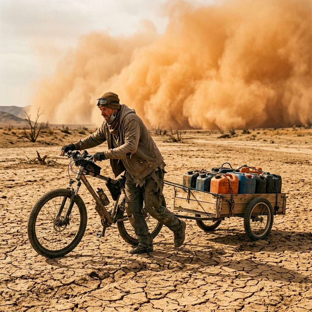 A lone scavenger hauling a wooden trailer loaded with water jerrycans using a reinforced…