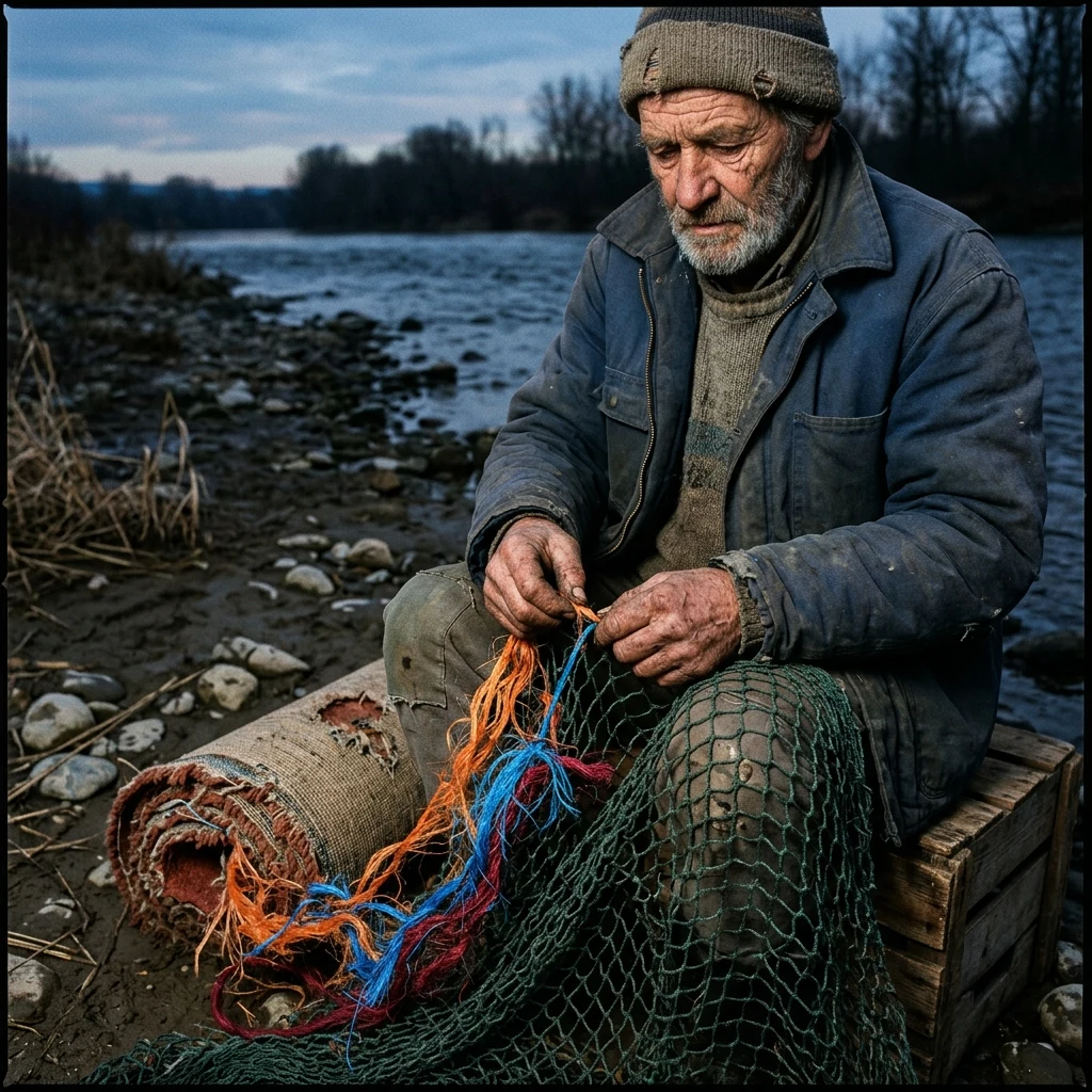 A scavenger weaving a sturdy fishing net out of unravelled synthetic fibers pulled from a…
