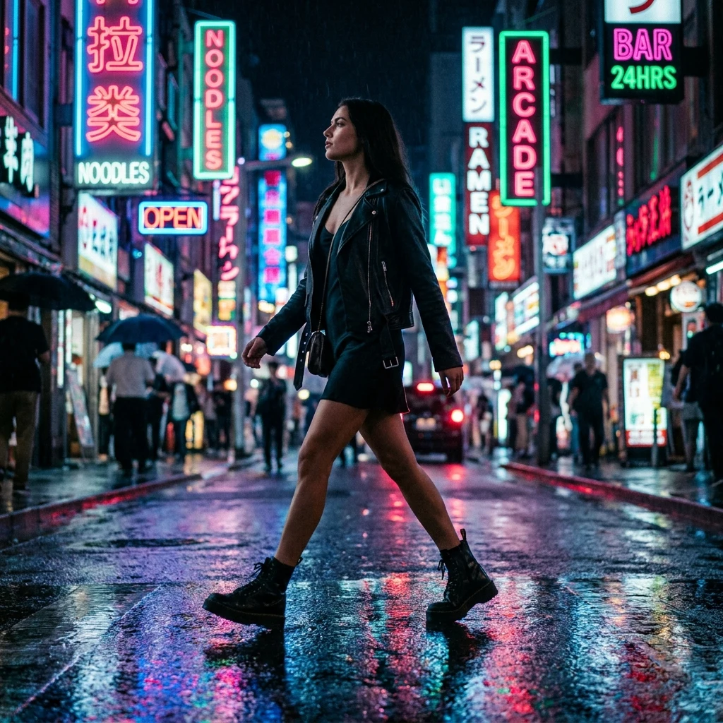 A woman in a slip dress under a leather moto jacket with platform sandals on a neon-lit…