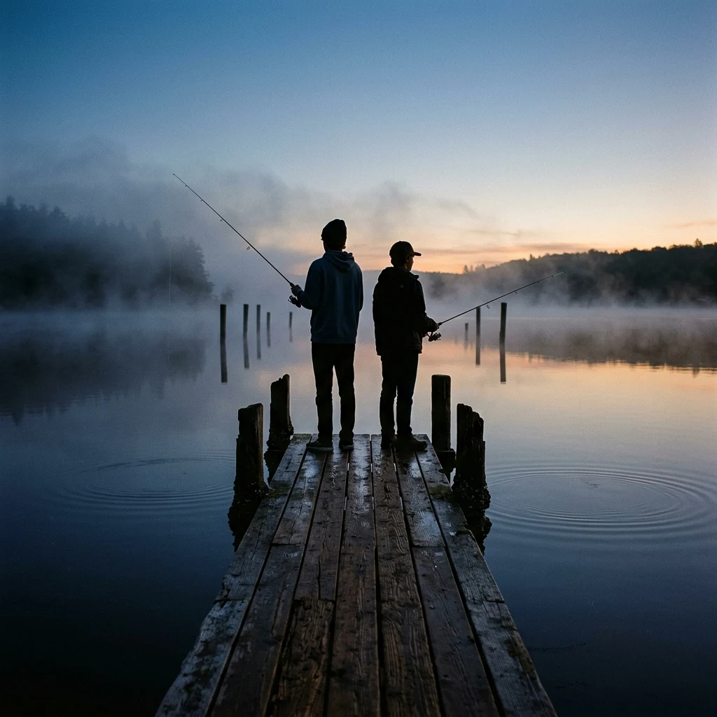 Quiet morning fishing on a misty lake