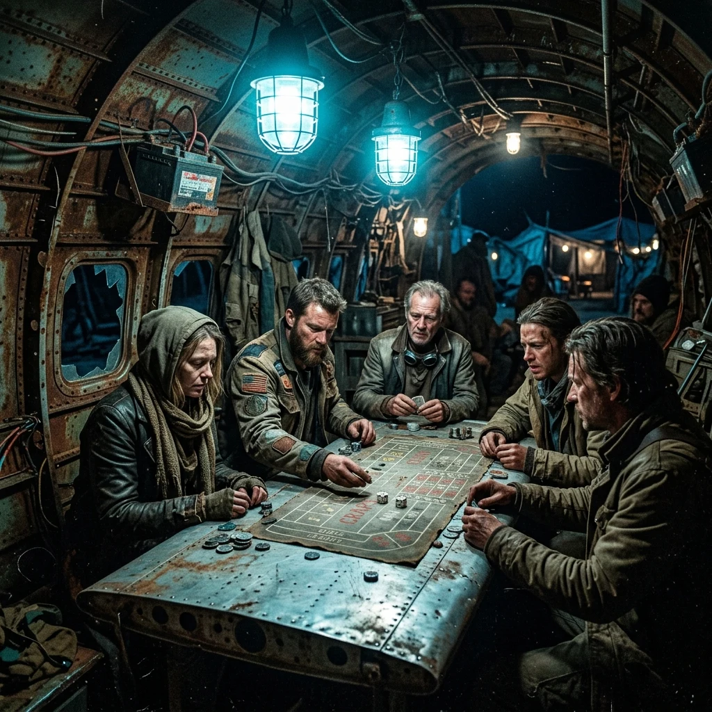 A post-societal casino shanty lit by low-voltage car batteries