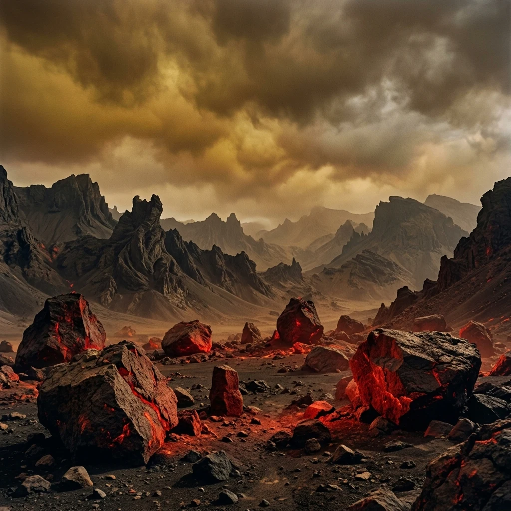 Volcanic landscape with glowing hot rocks