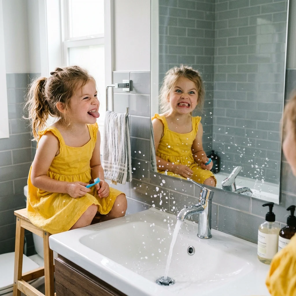 Four-year-old identical twin girls in yellow dresses making face expressions in a…
