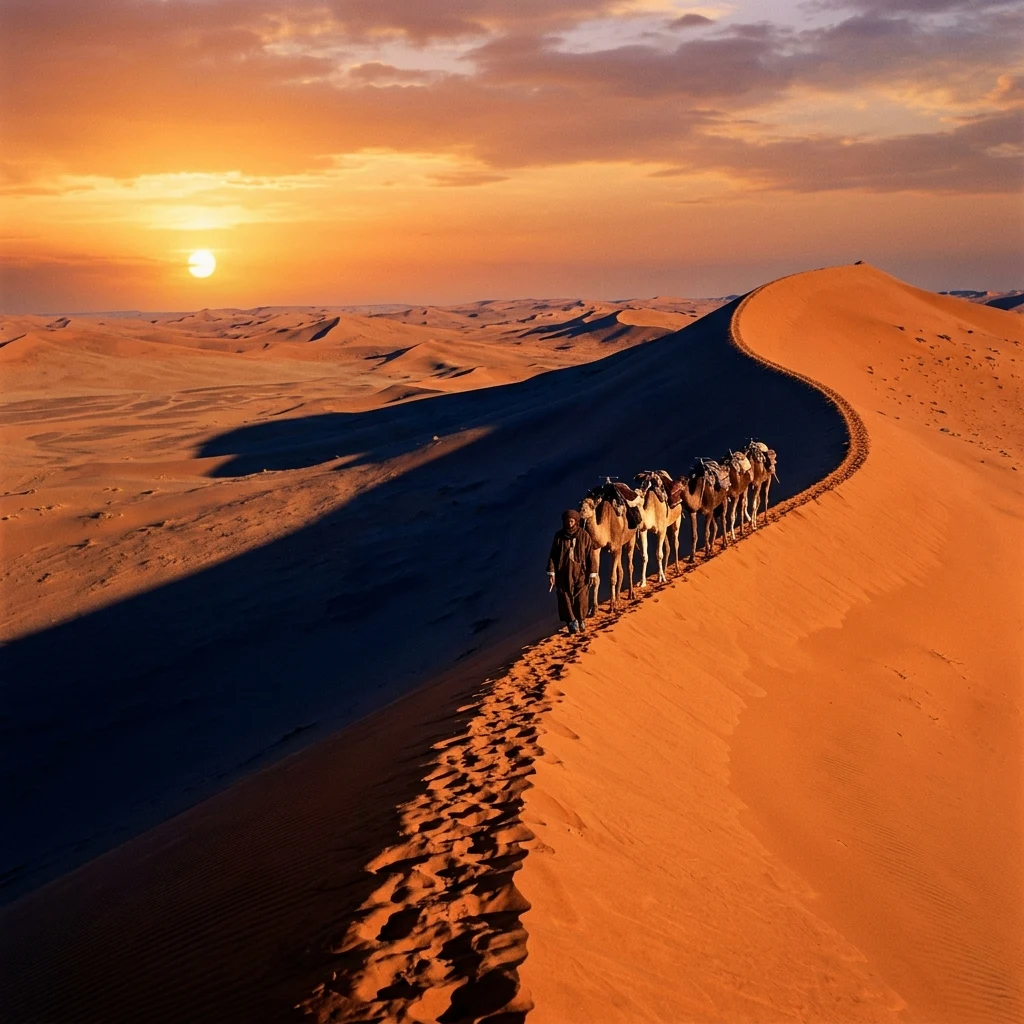 Camel caravan crossing a desert dune at sunset