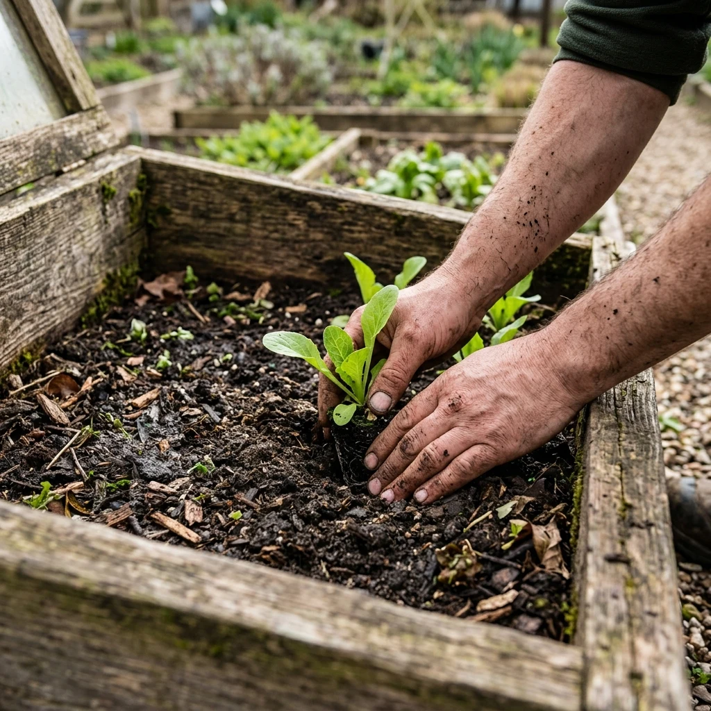 Planting green seedlings in a wooden frame