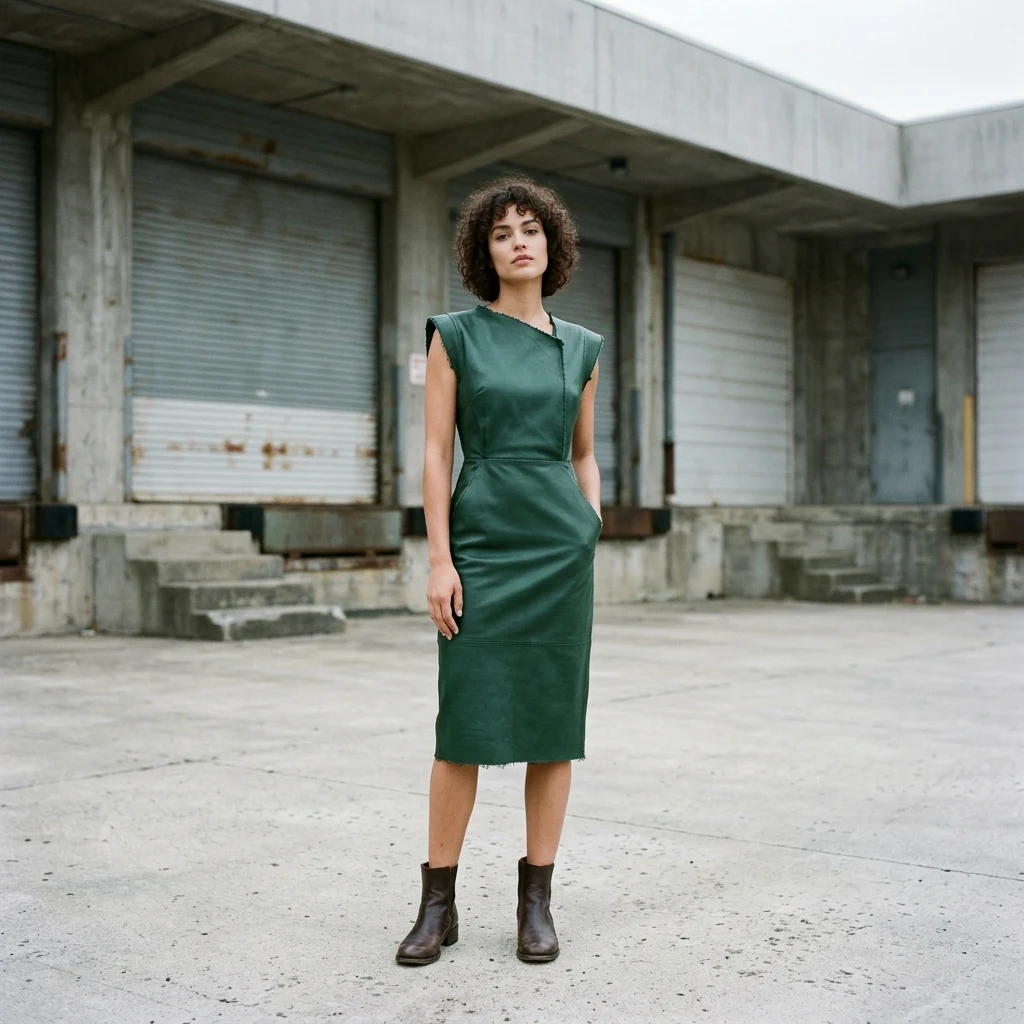 A structured leather sheath dress in deep forest green with raw-cut edges