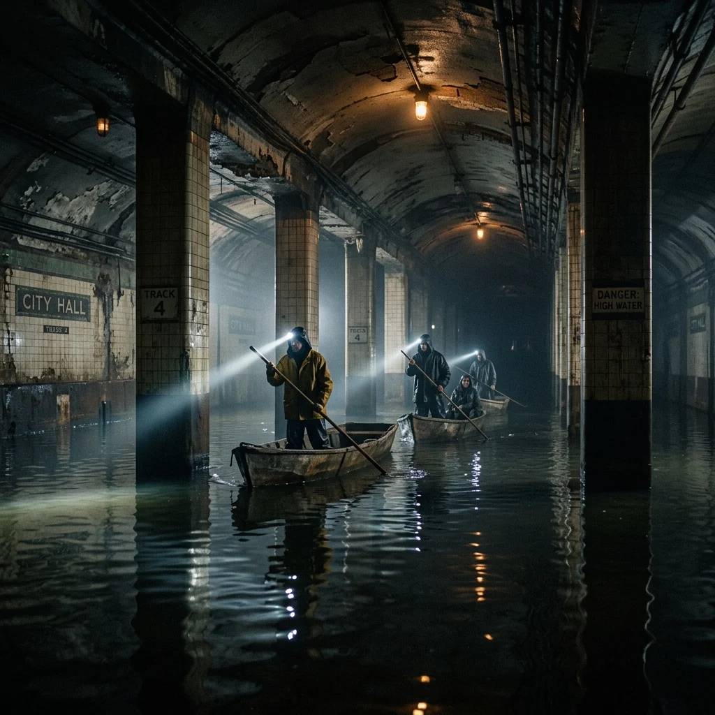 A flooded subway station with small boats poled between the columns