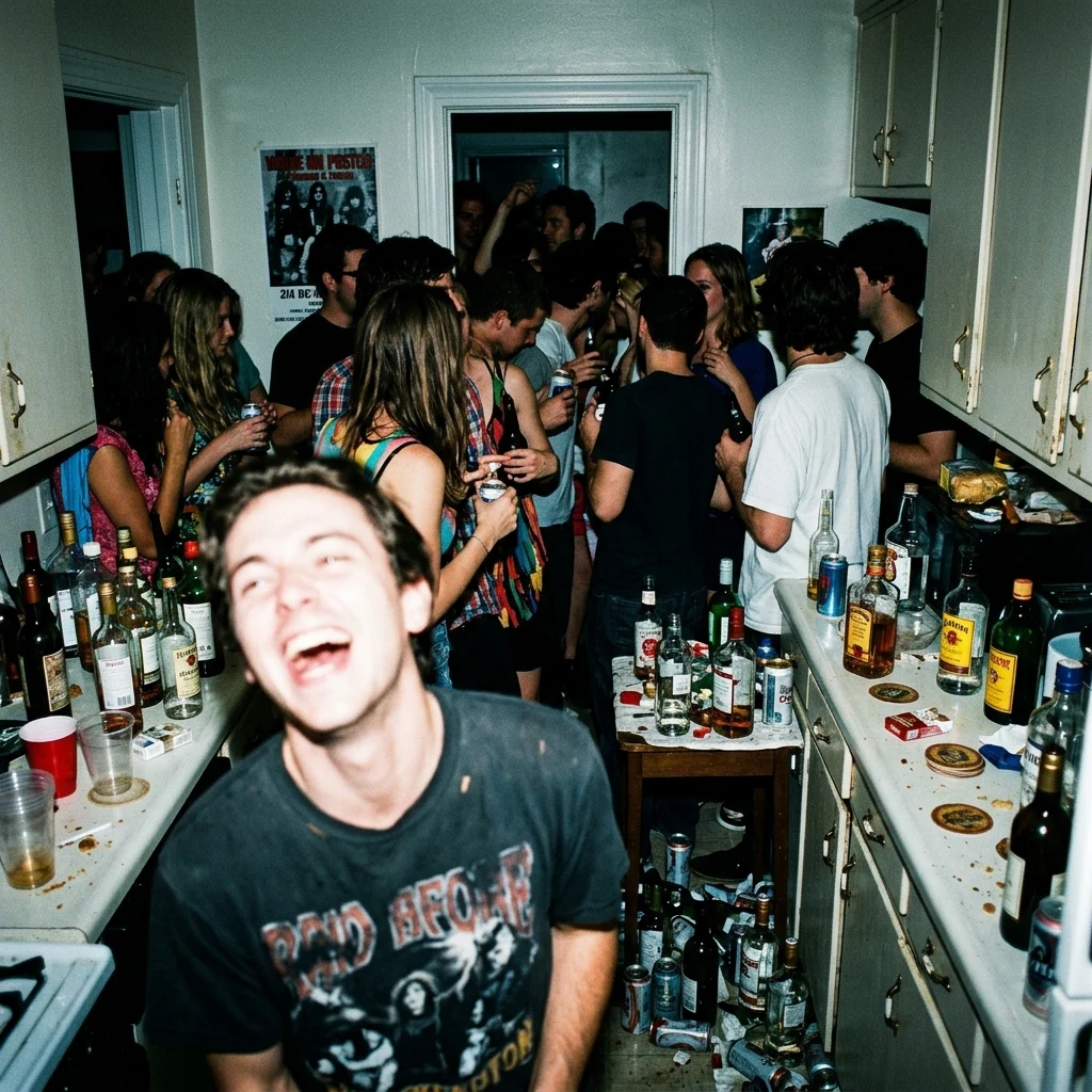 A house party kitchen at 1 a.m. on direct flash
