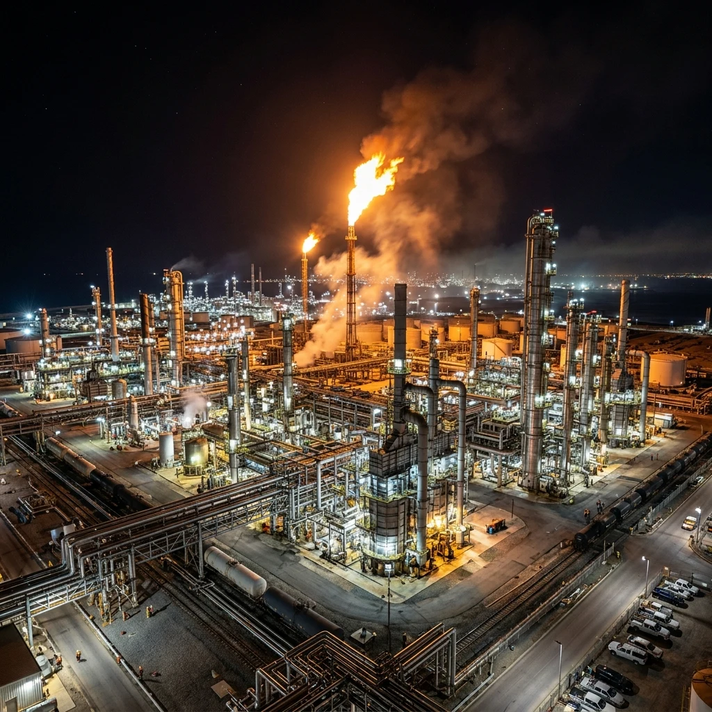A sprawling oil refinery lit like a glowing metropolis at midnight