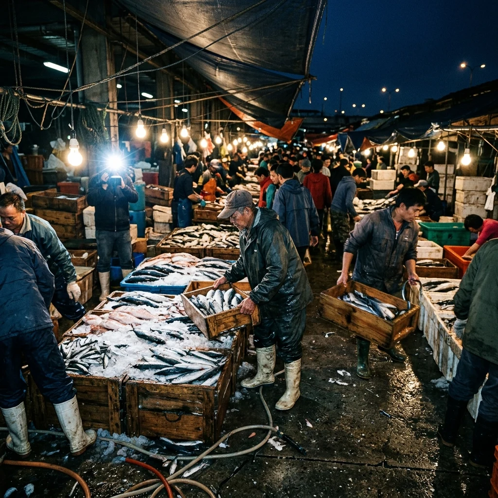 A pre-dawn fish market on wet concrete