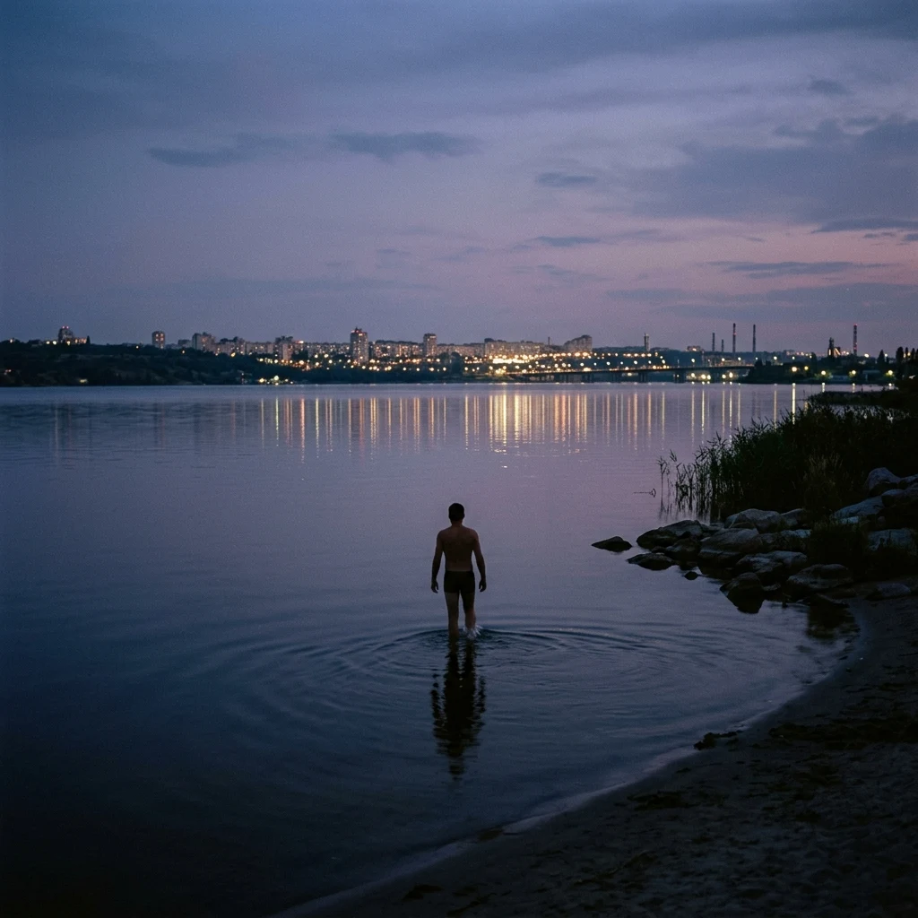 Solitary swimmer in a quiet river