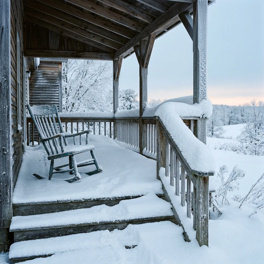 A drift-sculpted farmhouse porch at first light