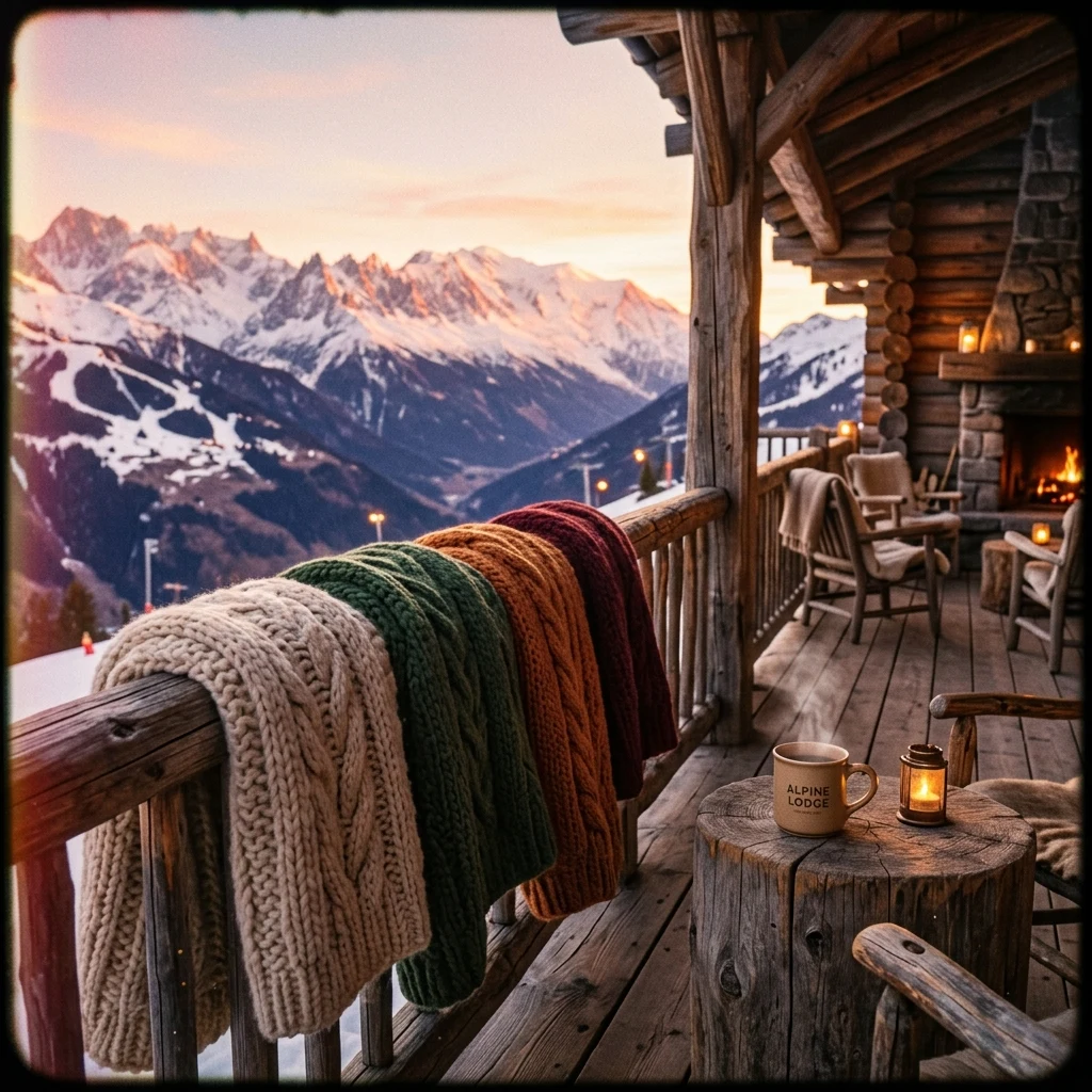 Cozy mountain lodge deck at sunset