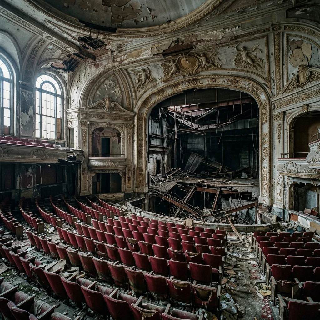 A decaying urban theater with rotting velvet seats facing a collapsed stage