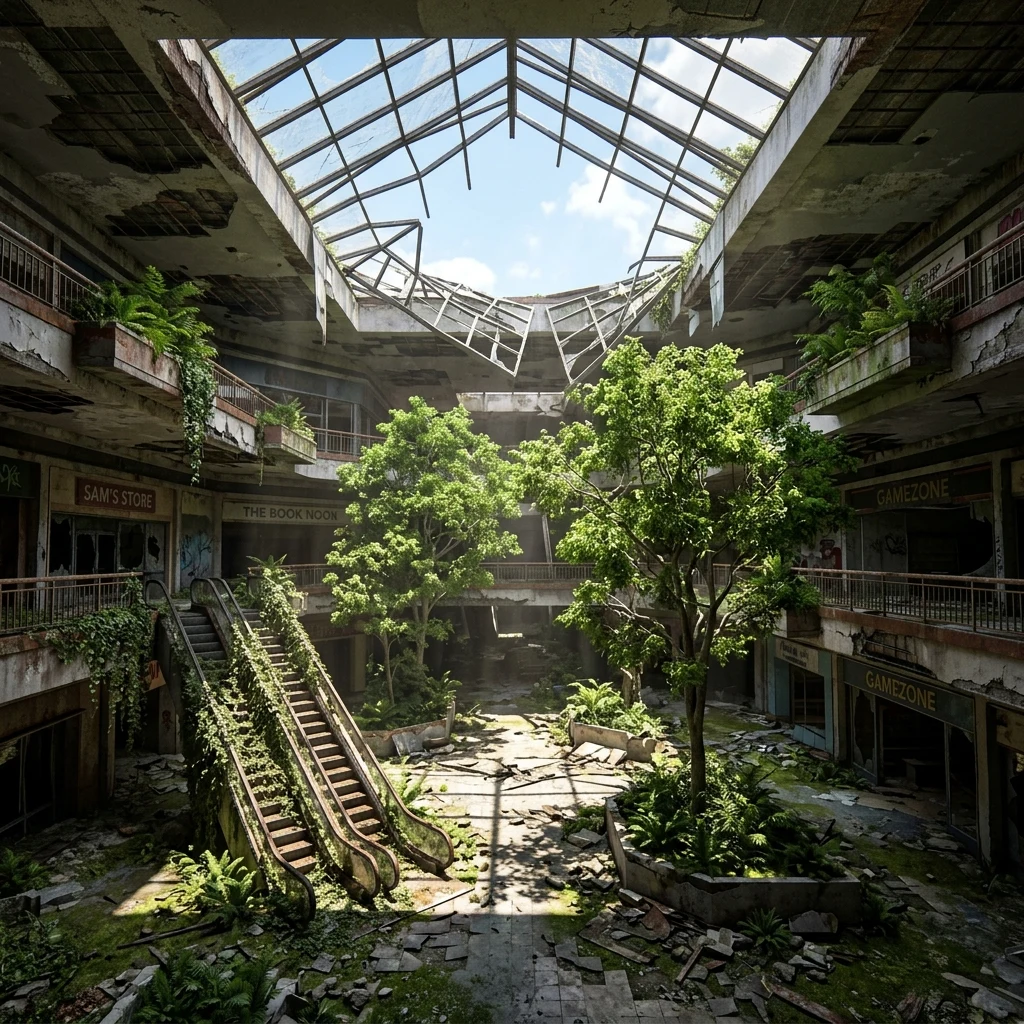 A ghost shopping mall with the skylights collapsed and mature trees growing in the atrium
