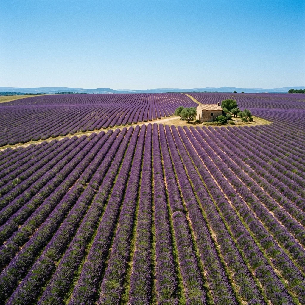An aerial view of a lavender field in Provence at peak bloom