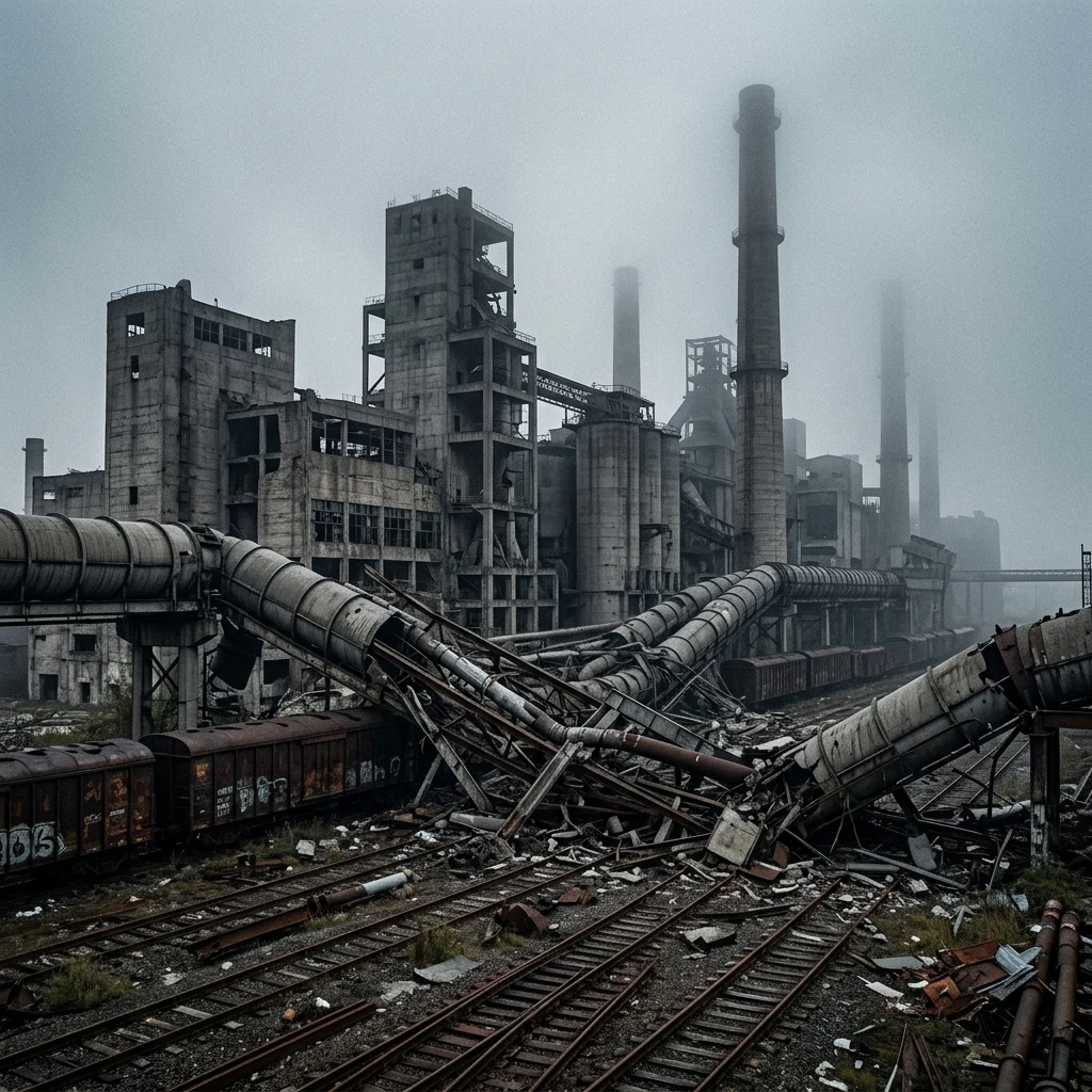 A sprawling brutalist mega-factory complex