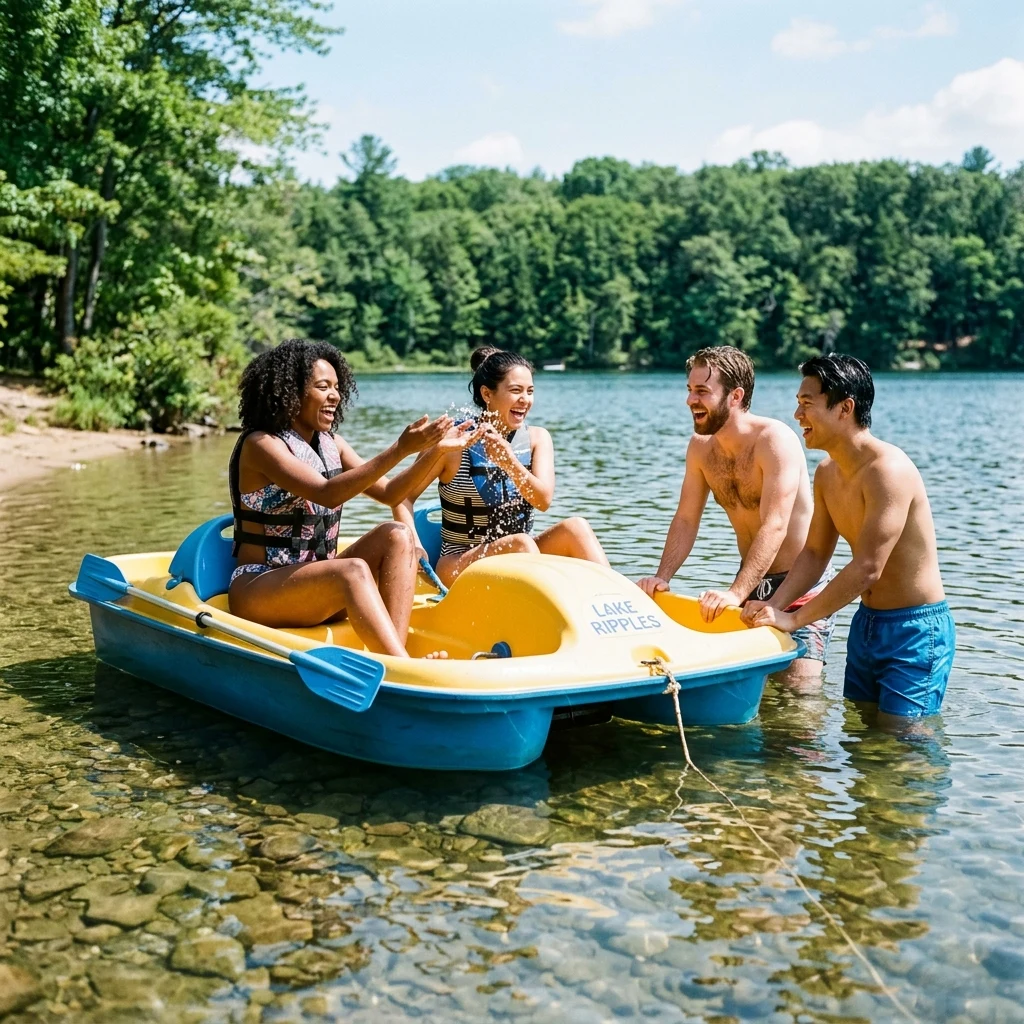 Friends playing on a lake in summer