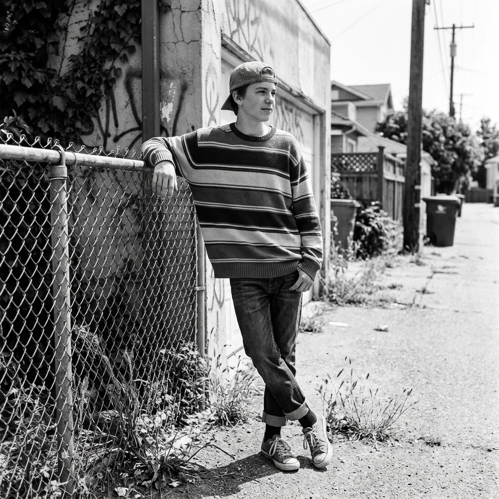 A teenage boy wearing an oversized horizontal-striped sweater