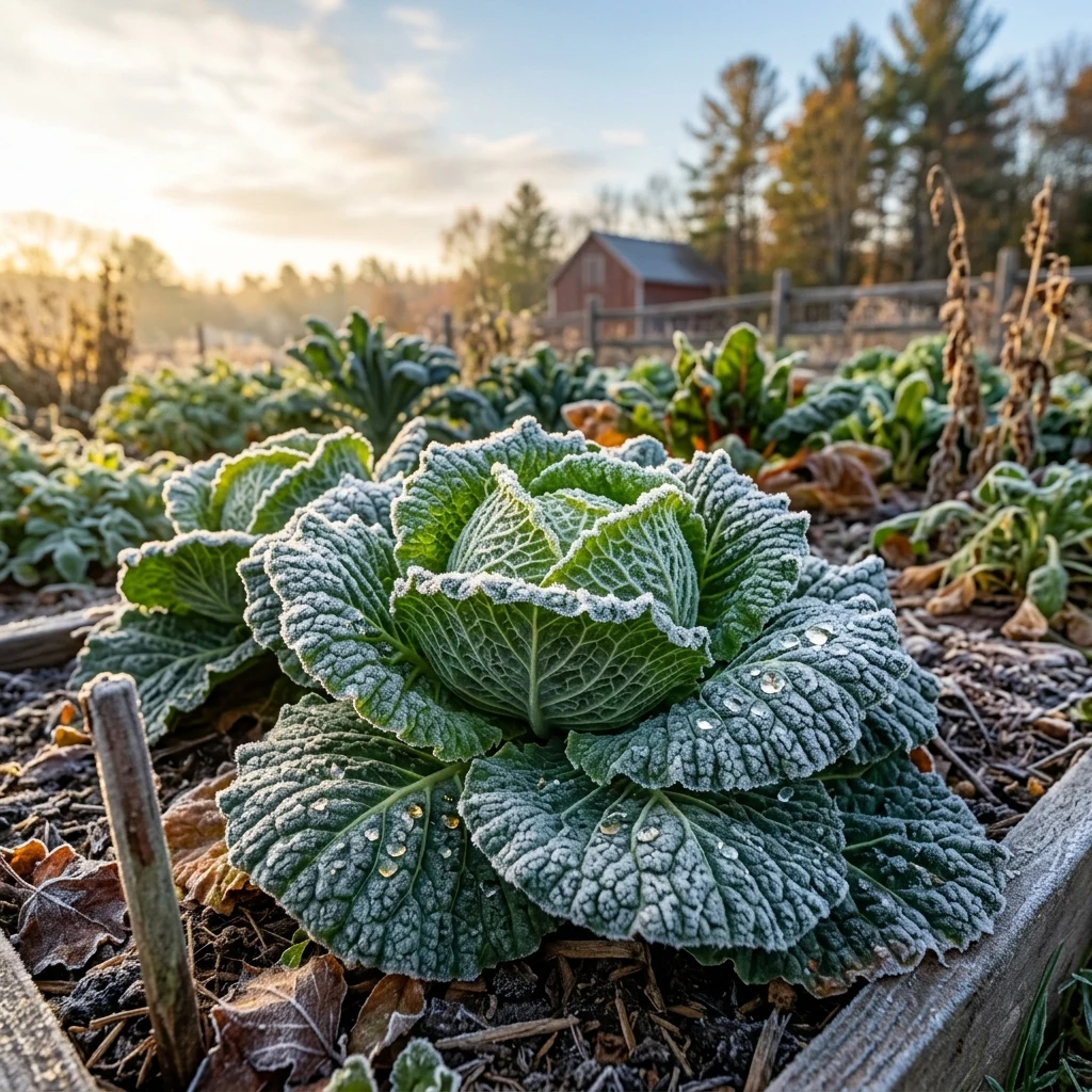 A small family farm garden in Maine at first frost