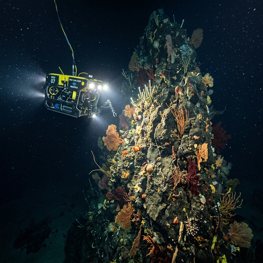 A deep-sea ROV exploring a coral-covered seamount pinnacle along the Emperor Chain