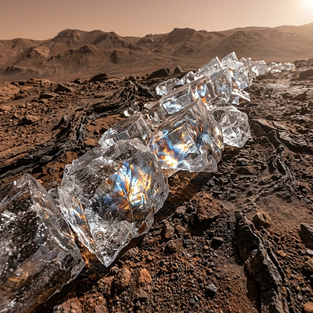 Crystal ice blocks on a rocky mountain ridge