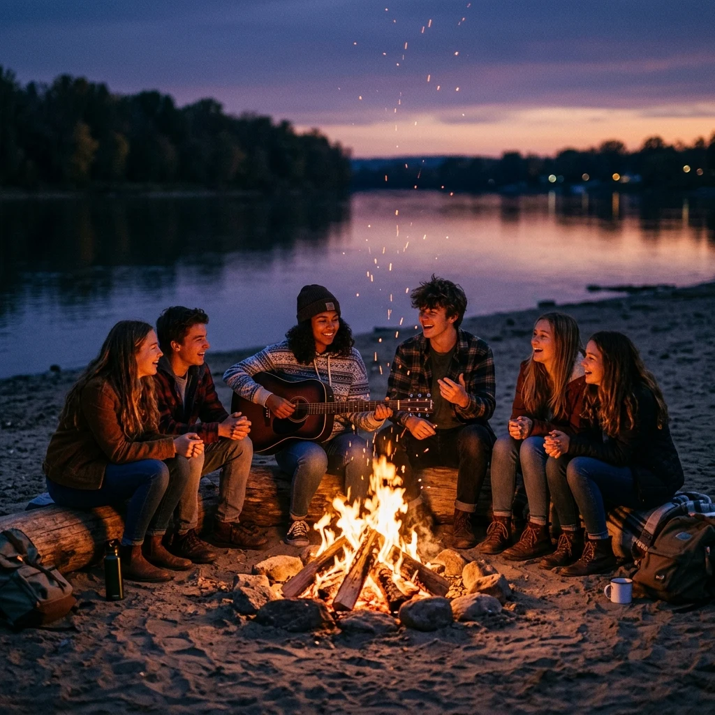Friends gathered around a bonfire at twilight