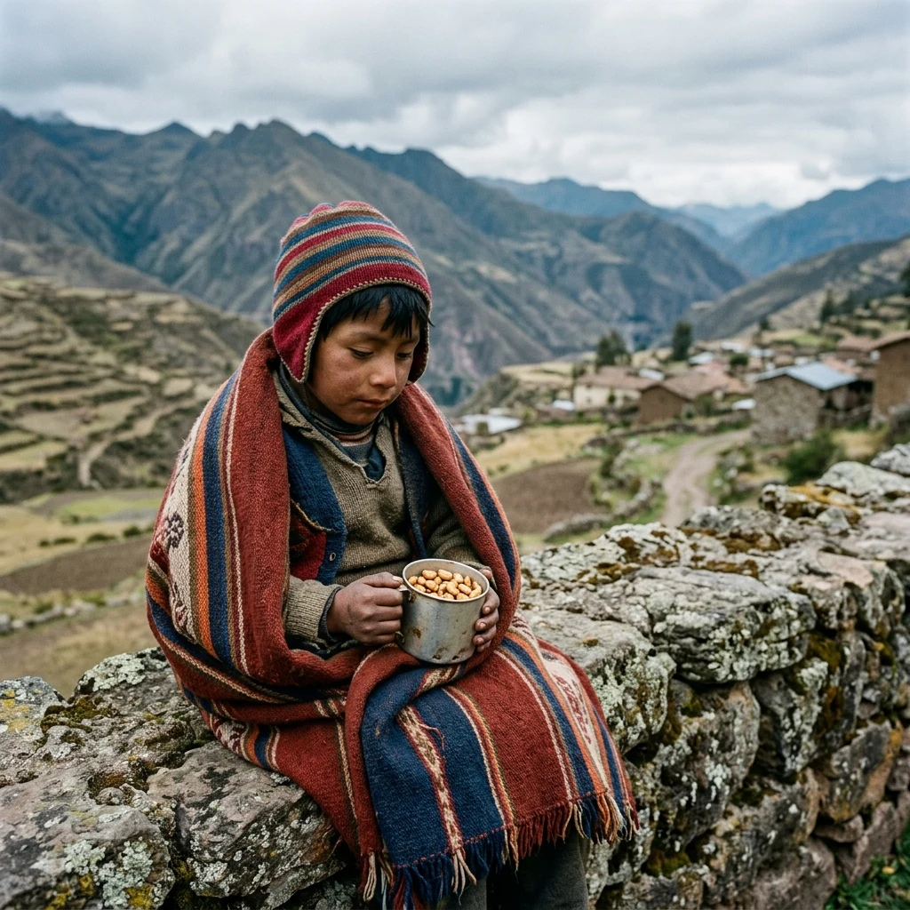 Child resting on a mountain stone wall